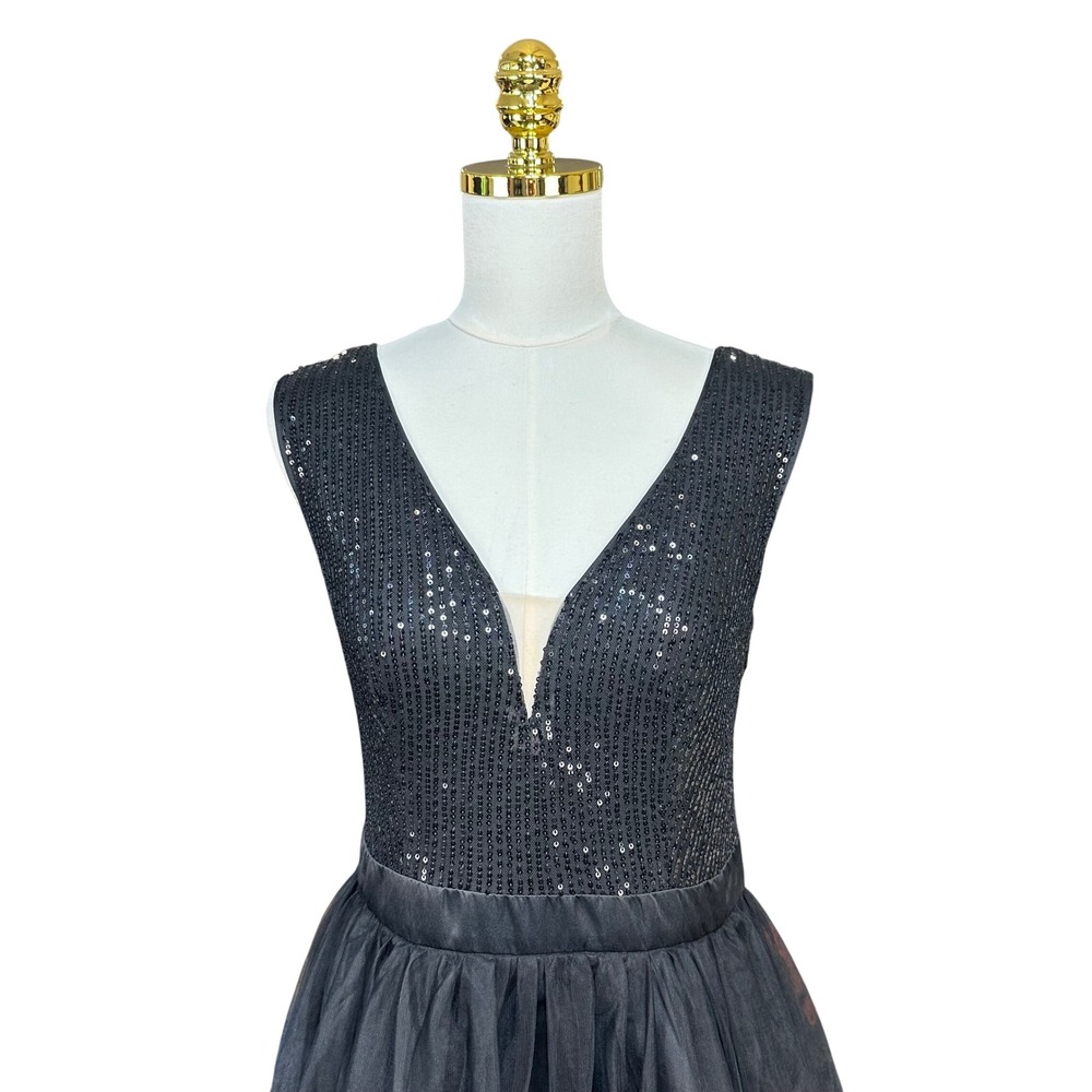 Womens Black Sequin Tulle Tiered Fit and Flare Party Dress Size L Sleeveless - Picture 4 of 8
